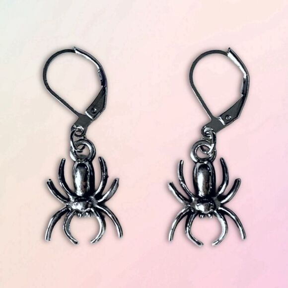 Silver Plated Spider Charm, Nickel Free Small Hoop Earrings, NEW - Picture 1 of 6